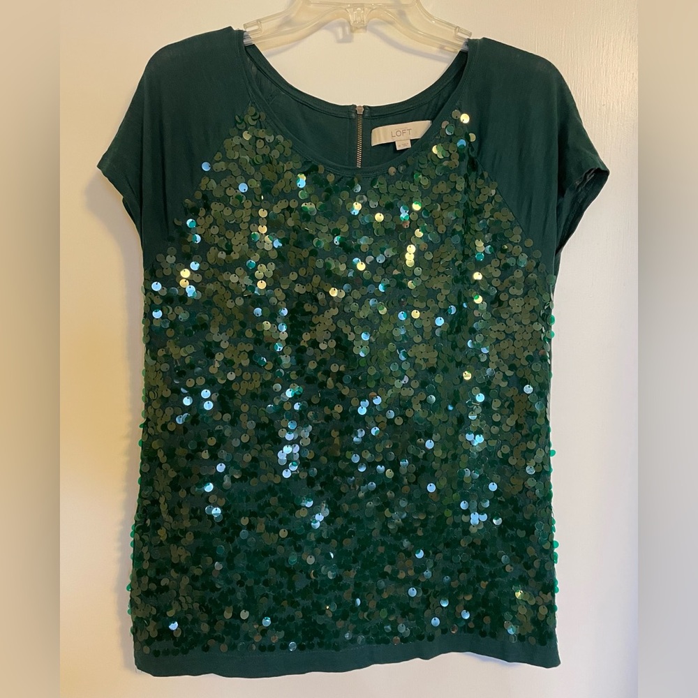 LOFT tantalizing teal sequin-front tshirt with zipper back detail, size M